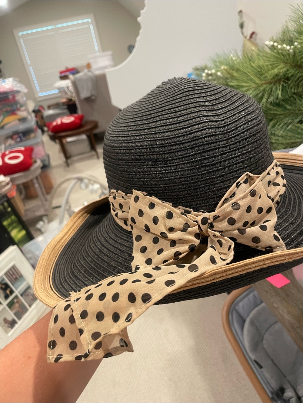 Women’s Black Straw Sun Hat with Polka Dot Bow Accent